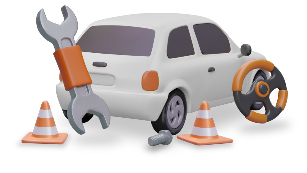 Comprehensive solutions and services combined feature image with car, steering wheel and traffic cones