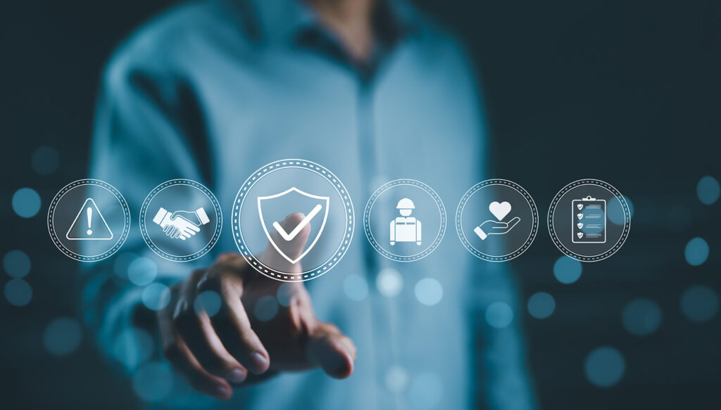 A person with work safety and compliance icons